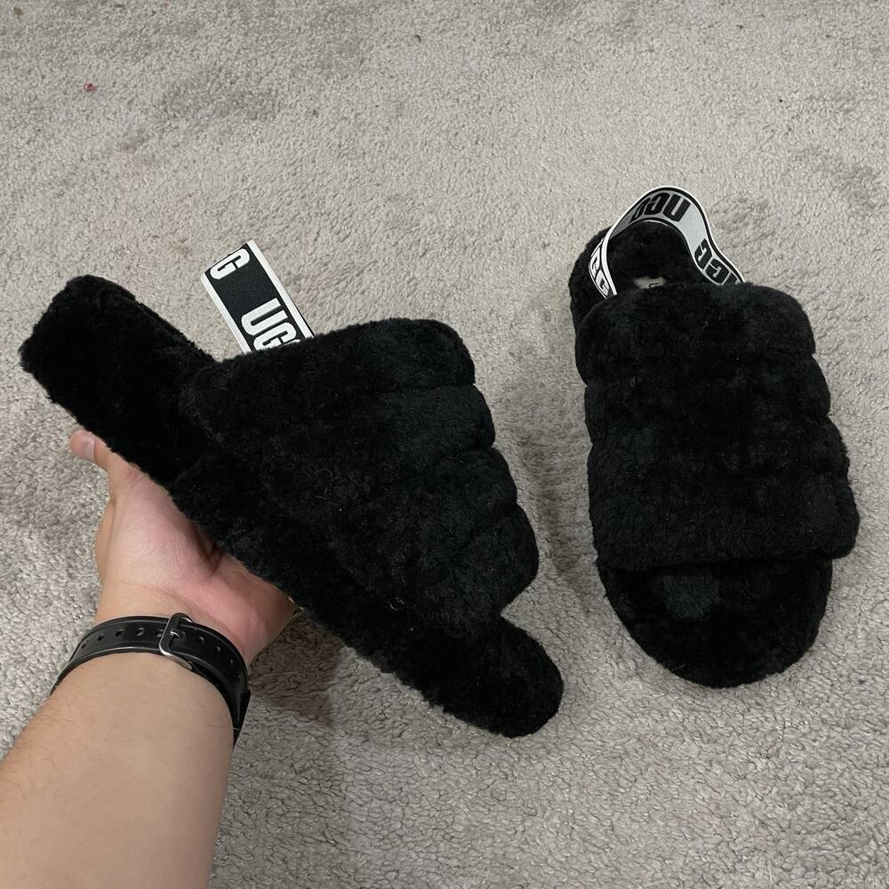 UGG Australia Fluff Yeah Slide Sandal Women's Size US 9 Black Elastic Back Strap